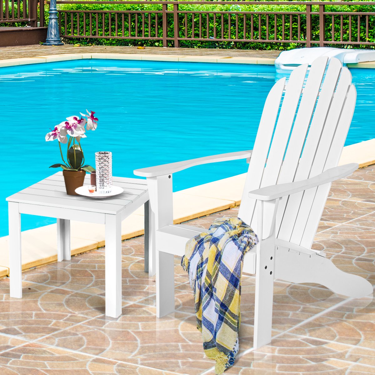 Outdoor Adirondack Chair Solid Wood Durable Patio Garden Furniture White